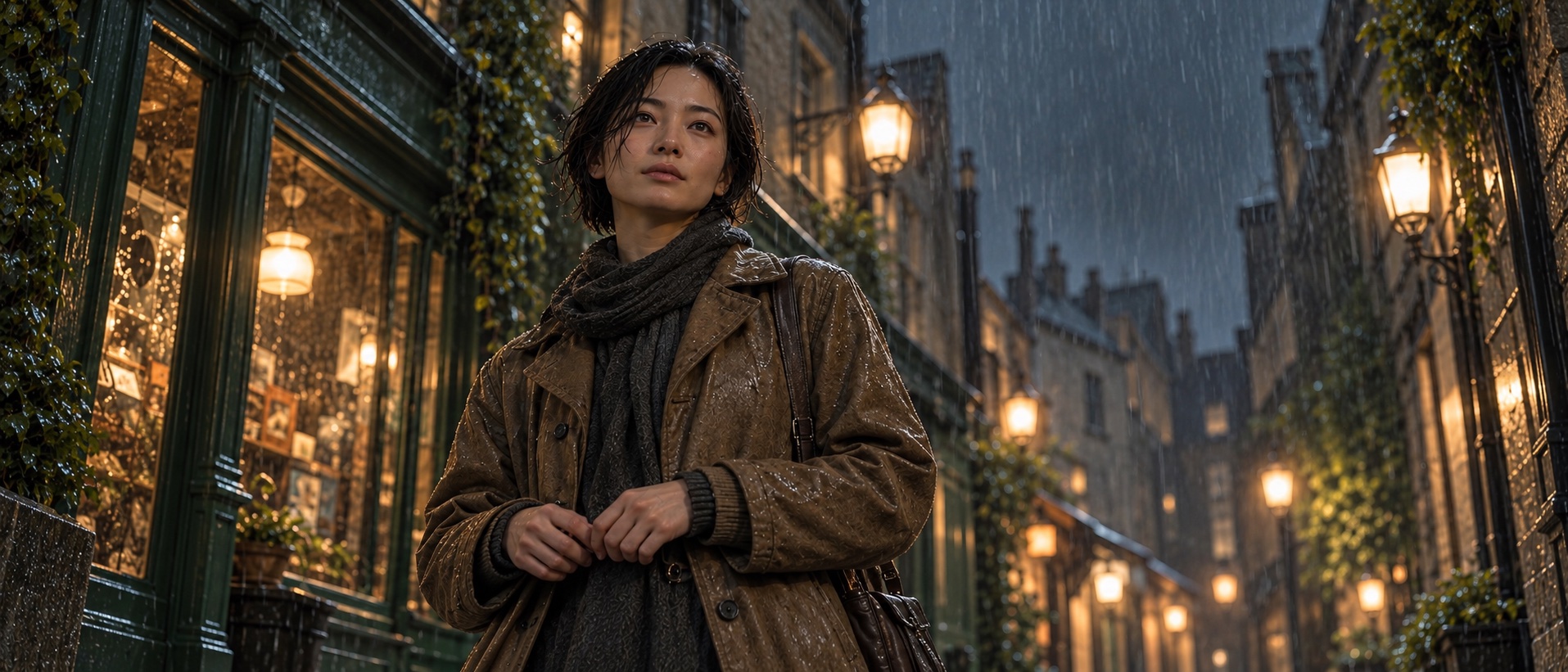原创雨夜低角度画面：棕色外套女子被向上取景，背后建筑和暖色路灯延伸到上方。
