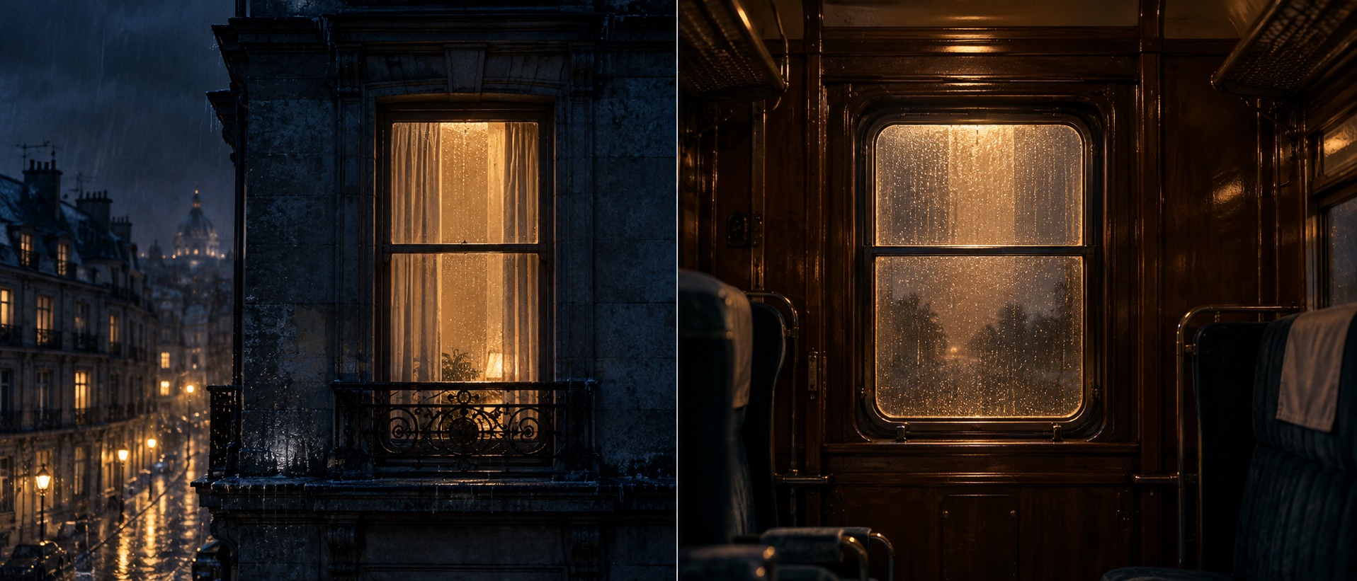 原创电影感双画面：雨夜公寓外窗与旧列车内窗，暖色矩形轮廓在不同场景中呼应。