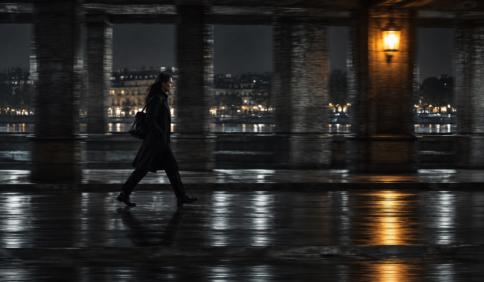 原创电影感画面：雨夜长廊里行走的人物，背景呈横向运动模糊。