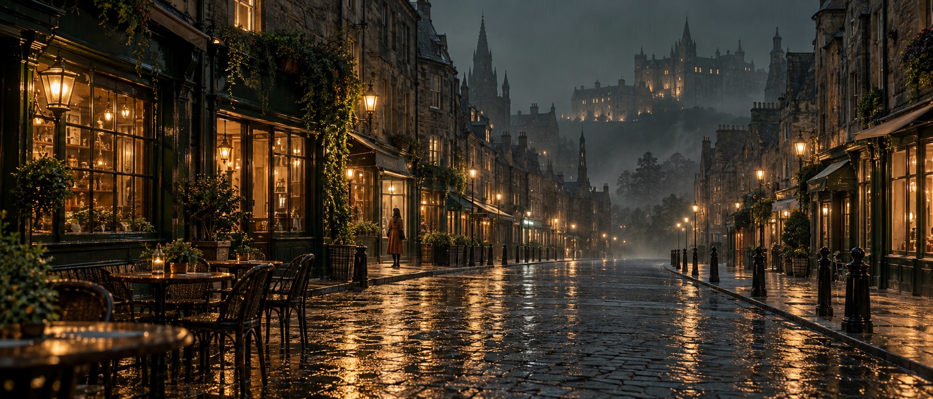 原创雨夜景别研究：街道与建筑占主导，人物成为无法辨认表情的小尺度线索。