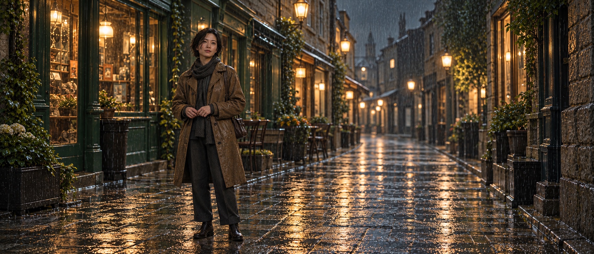 原创雨夜景别研究：人物从头到脚完整入画，同时交代街道空间；也可作为全身景的示例。
